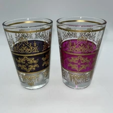 2 Vtg Moroccan Style Tea Glasses Pink Purple Gold Filigree Shot Glass Barware