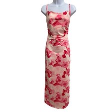 Whimsical Pink Floral Stain Maxi Slip Dress M Fairy Wedding Guest Prom Romantic