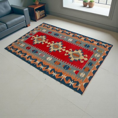 OUSHAK RUG Hand Woven Vintage Turkish Rug Kilim Flat Weave Area Rug 4x6 Rug