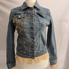 Vtg JEANS D. Embellished Denim Jacket LACE TRIM Beaded Floral WHIMSIGOTH Y2K S