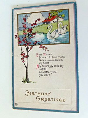Birthday Greetings Swans Swimming in Pond from an Old Time Friend Postcard