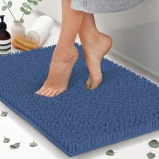 Dark Blue Chenille Microfiber Bath Rug 34 x 21 Slip Resistant Machine Washable