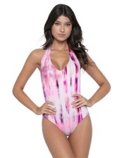 NWT Pilyq MD Avery Spell Bound Deep V Neck Halter Swimsuit Purple Pink 120380