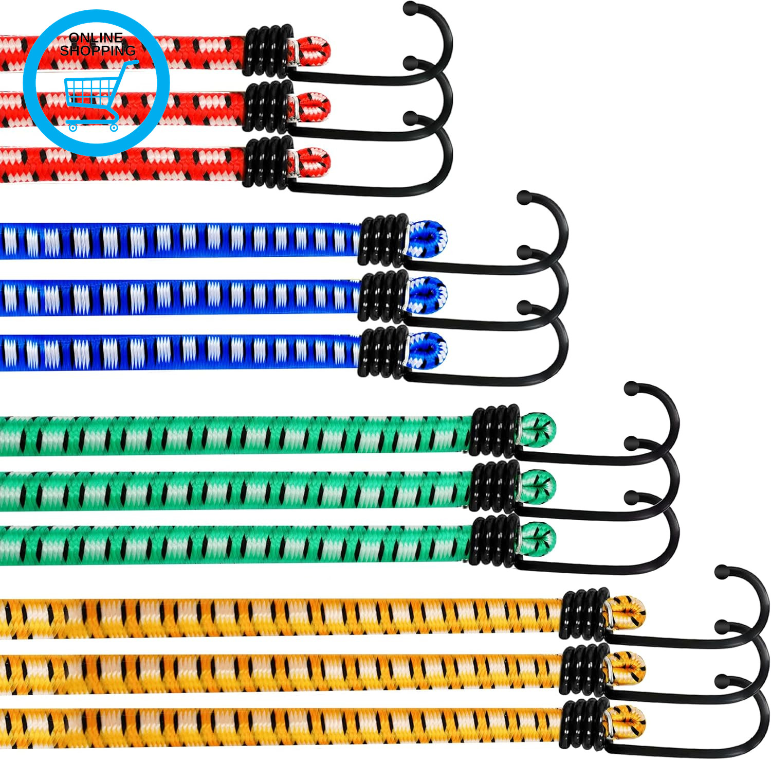 Bungee Cords with Hooks, Assorted Pack of 12 Elastic Bungee Straps, Heavy Duty U