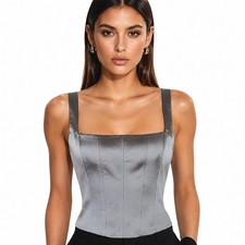 Zara Top Womens L NWT Gray Taupe Satin Corset Crop Tank Paneled Staves