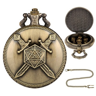 RPG Dice Set 7pcs Solid Metal Polyhedral Fighter Pocket Watch Case with Chain