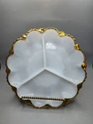 Anchor Hocking Divided Plate 3 Sections White Milk Glass Gold Rim Scalloped Edge