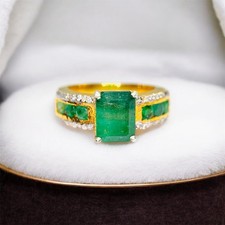 Anillo Esmeralda Zambia Natural Fina Calidad Diamante Chapado en Oro 14K Anillo Esmeralda