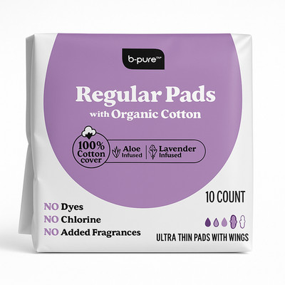 b pure-Womens Regular Pads-Aloe Vera/Lavender/Organic/100% Cotton Cover 10 Ct.