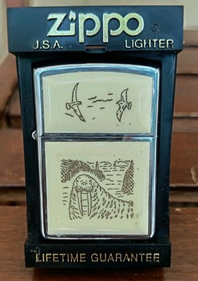 Zippo Scrimshaw Walrus & Seagulls Ultralite XI USA gebraucht mit Box in Box