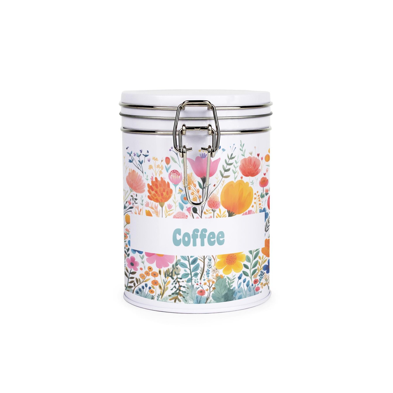 Bright Floral Coffee Canister - Metal Clip Lid Kitchen Storage Tin Gift