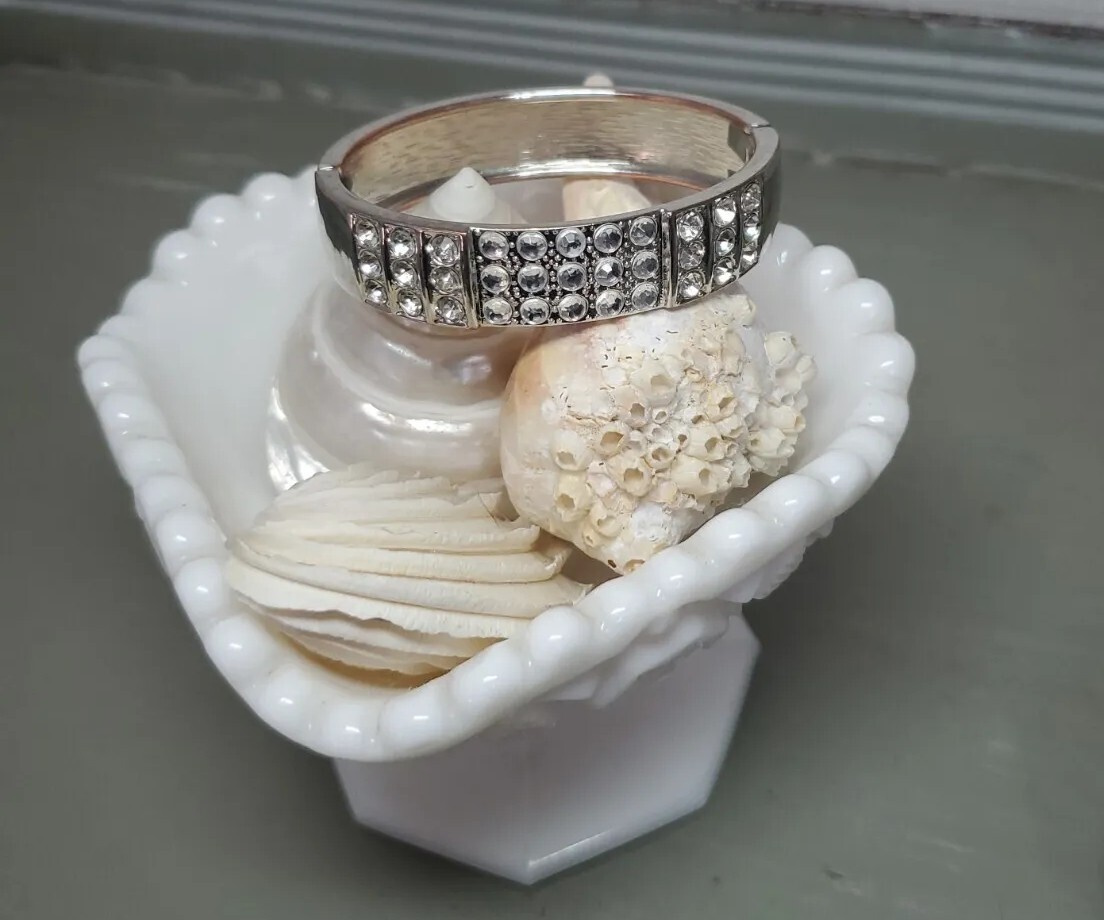 Rhinestone Silvertone Hinged Bracelet - image 1