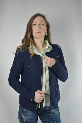 MONARI wool dark blue jacket jockey blazer S M zipper Embroidery