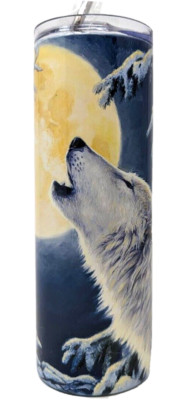 Custom Made 20oz Skinny Tumbler W/ Straw double Wall Sublimated Wolf Howl Moon