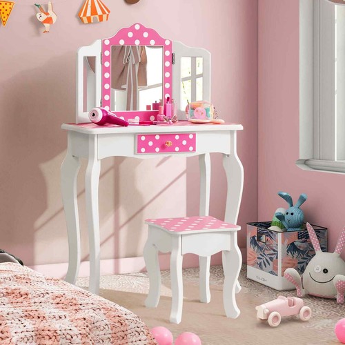 HONEY JOY 2 in 1 Kid Vanity Table & Stool Set Pretend Play Makeup Dressing Table - Picture 8 of 8
