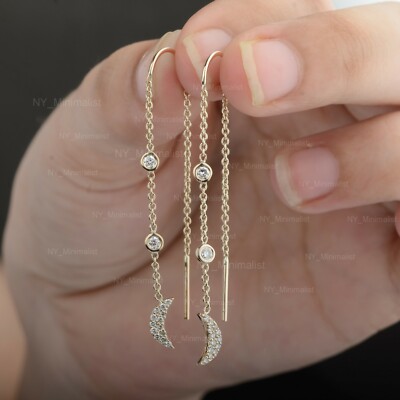 Massive 14K Gelbgold Halbmond Tropfen Charm Diamant Gliederkette Einfädler Ohrringe