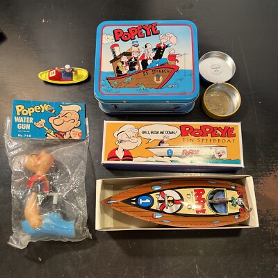 5x Vintage Popeye Toys Lot - Lunchbox Tin Speedboat Water Gun Coin Token Corgi