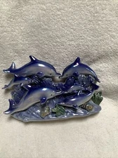 VINTAGE DOLPHIN BLUE IRIDESCENT 6 DOLPHINS ON WAVES WITH SEASHELLS 6" H 9"L