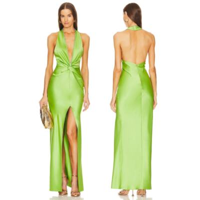 Khanums Halter Gown Rhinestone Embellished Satin High Slit Green Size L *Flaws*
