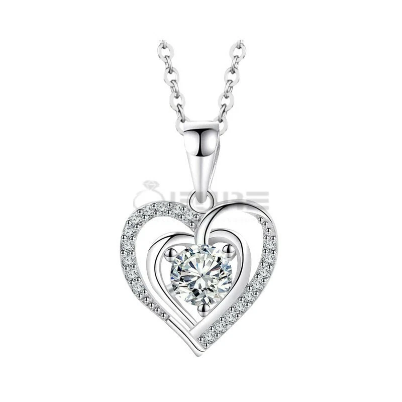 Tiny Cubic Zircon Pave Double Heart Pendant Sterling Silver Short