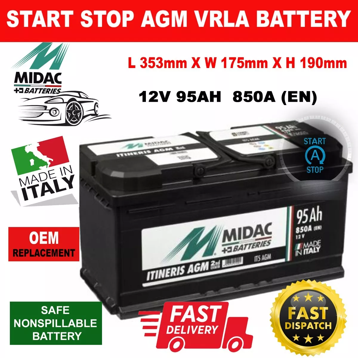 MIDAC IT5 Stop Start 12V 95AH 850A AGM VRLA OEM 019 Battery = S5 A13 Bosch  AGM