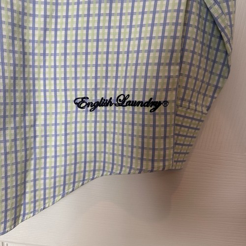 English Laundry Blue White Green Dress Shirt 16 1/2 34 - 35 Embroidered Logo - Picture 7 of 22
