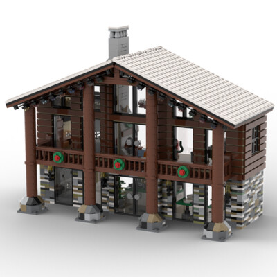 MOC: Winter Village: Ski Lodge with Interior for Christmas 2032 Pieces DIY 