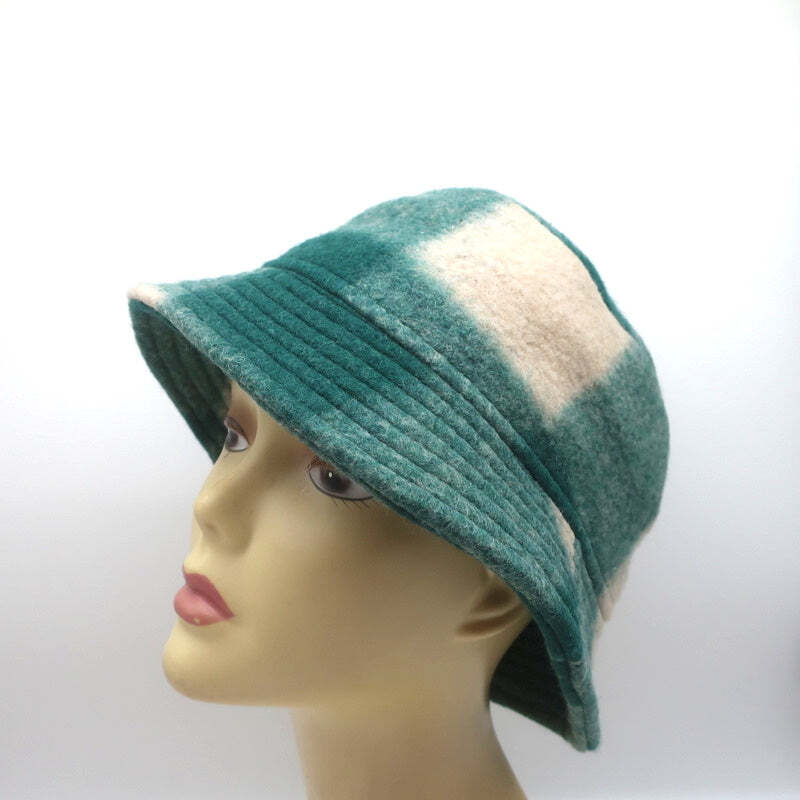 Isabel Marant Haley Bucket Hat Green Checked Wool Felt Size
