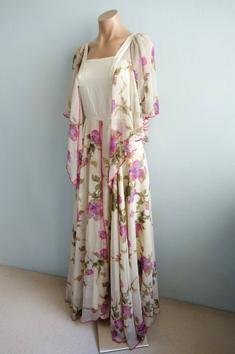 Vintage 70s Merivale Maxi Dress 8 Flutter Sleeves Sheer Floral Layered Boho - Picture 7 of 12