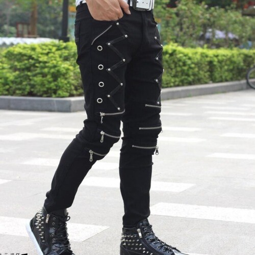Mens Punk Skinny Pants for Man Cotton Pants Zipper Slim Fit Black