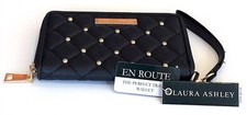 LAURA ASHLEY BLACK QUILTED LEATHERETTE,GOLD STUDS SMART PHONE,WALLET,WRISTLET