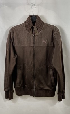 Puma Men's Brown Herringbone Full Zip Track Jacket Ribbed Trim Size M