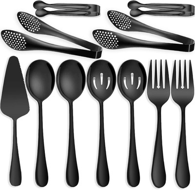 11 PCS Serving Utensils, Large Stainless Steel Spoons Forks Tongs, Pie Server, G