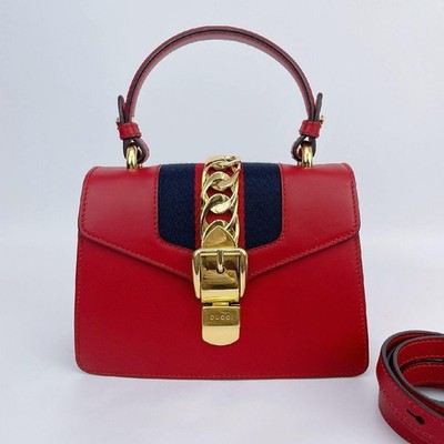 Gucci Sylvie Gold Buckle Striped Webbing Leather Mini - Very Good #AWQALZ