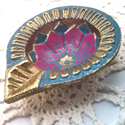 Diwali Diya Brass Oil Lamp with Blue Pink & Gold Flower
