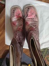Women  s Mid-Calf Western Pull-On Boots Leather Floral Embroidered Square Toe 5.5