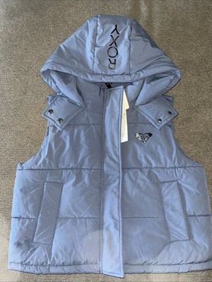 Roxy Women s Blue Hooded Puffer Vest Size Large Water-Resistant with Pockets