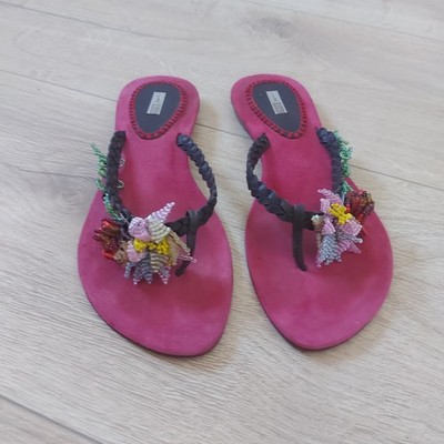 Sandalle Zehentrenner Flipflop Leder pink Blumen Perlen Hippie Coral Blue Gr. 39