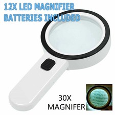 30X Jumbo Handheld Magnifying Glass 12 Bright LED Light Illuminated Magnifier