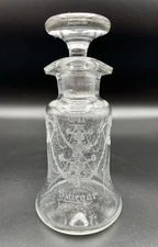 Antique Etched Clear Glass Oil & Vinegar Cruet Bottle w Stopper 6.25” Tall