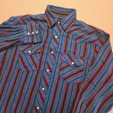 Wrangler Vintage 90s Western Cowboy Pearl Snap Stripe Shirt Blue Red Sz Medium