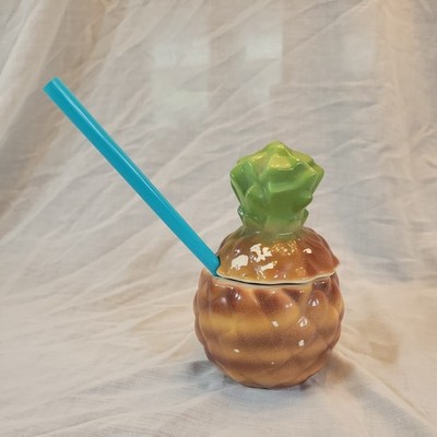 Vintage Ceramic Pineapple Tiki Drink Mug 2 Piece With Straw Hole