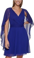 DKNY Women's Belted Evening Dress Above Knee Flare Sleeves Surplice Neck Blue 4