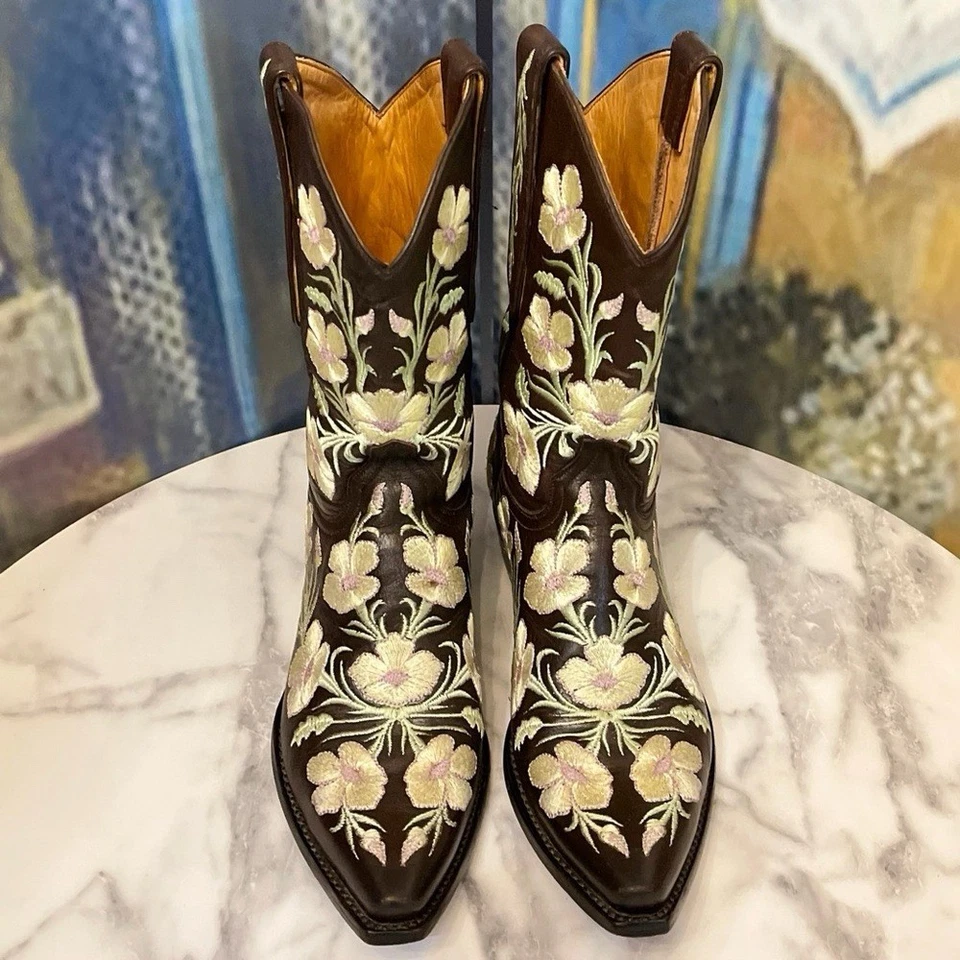 Botas de Vaquero Antiguas Gringo Fuchila Bordadas Cuero Chocolate Floral 8B Usadas en Excelente Condición Foto 4 de 4