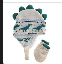 ABS Boys Dinosaur Knit Hat & Mittens Set Cream Green Blue Spikes Infant