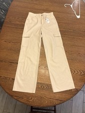 Express Women s Cargo Pants Beige Solid Faux Leather Flat Front Pockets 6R, NWT