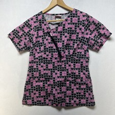 Sketchers Women  s Medical Scrub Top Size M Pi K Black Hearts Zip Pocket Cute 