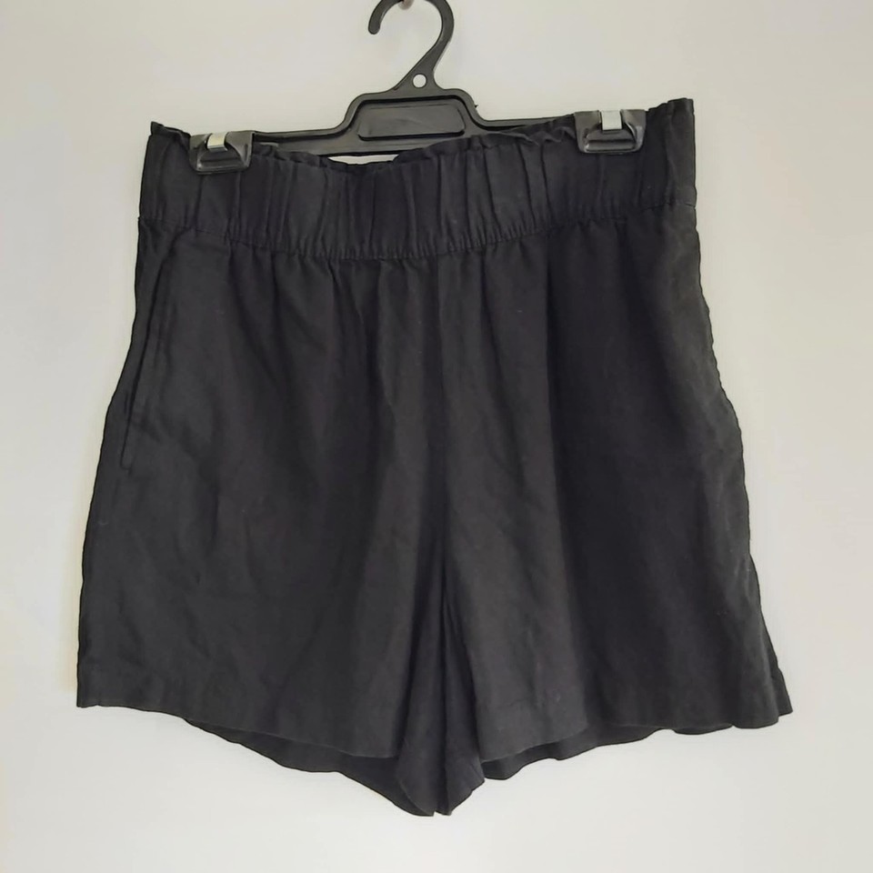 Ladies Black Linen Blend Shorts with Elastic Waist & Pockets sz 12 by ANKO EUC