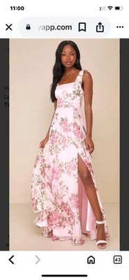 Let the Lulus Love Me Forever Pink Floral Tie-Strap Square Neck Maxi Dress Small