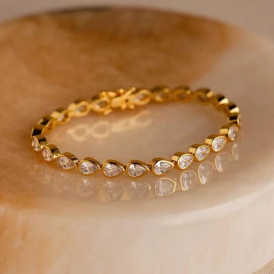 8Ct Pear Cut Lab Created Diamond Bezel Tennis Bracelet 14k Yellow Gold Plated 7" - image 1 of 4